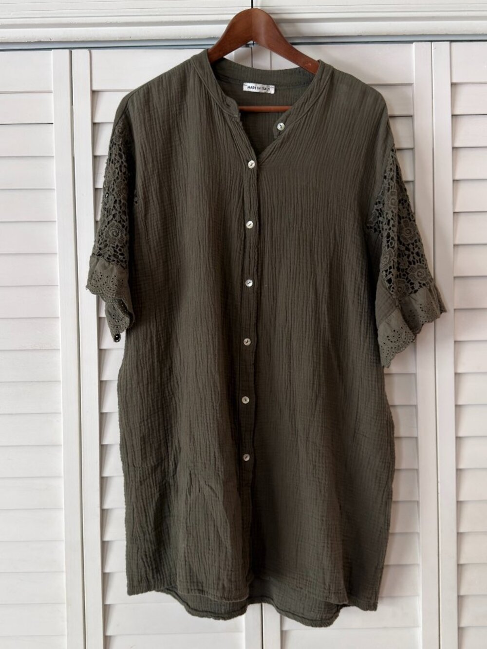Olive Green Textured Cotton Tunic/Shirt Dress